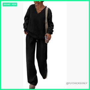 V Neck Sweatshirt and Wide Leg Pants Two Piece Set